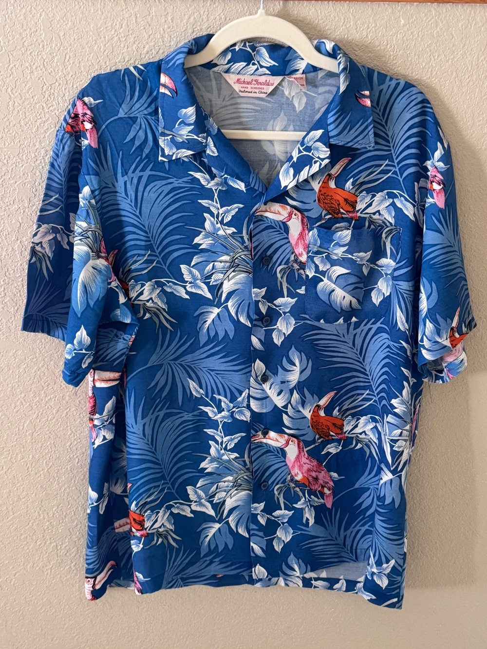 90s Michael Gerald Hawaiian Shirt Mens L Rayon Bird Tropical Aloha